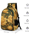 Dark Green Canvas Printed Unisex Backpack With Large Capacity For Everyday Carry Durable Polyester Build Breathable Design Peony Pattern