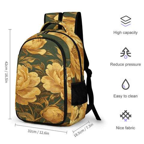 Dark Green Canvas Printed Unisex Backpack With Large Capacity For Everyday Carry Durable Polyester Build Breathable Design Peony Pattern