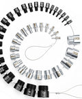 Nut and bolt thread gauge set; imperial and metric gauges arranged in a spiral, black and silver metal.