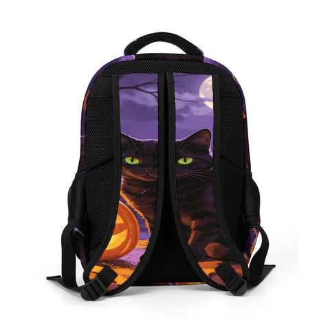 Back view of Halloween Black Cat Pumpkin Print Unisex Backpack With Large Capacity For School Travel Or Everyday Use Durable Polyester Comfortable Straps Smooth Zipper Spooky Cute Daypack