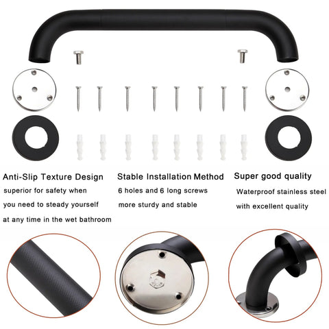 Workhorse Grade 16 Inch Black Shower Grab Bars Two Pack Heavy Duty 304 Stainless Steel Bathroom Safety Handles close-up installation kit.