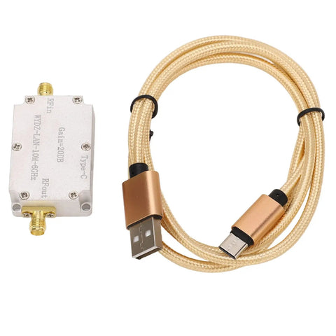 Low Noise RF Amplifier 10 MHz To 6 GHz 20 DB LNA With High Flatness SMA Female Output For Ham Radio GPS Receiver And FM Radio Antenna Boost With Aluminum Alloy Housing A Tough Workhorse shown with Type-C cable