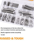 Stainless steel hex bolt kit with nuts and washers in a clear segmented plastic organizer
