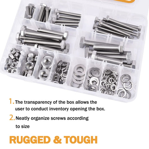 Stainless steel hex bolt kit with nuts and washers in a clear segmented plastic organizer
