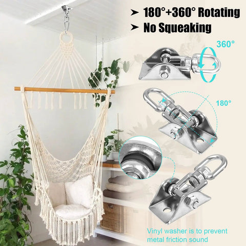Two Pack Swing Hanger Set 304 Stainless Steel Beefy Heavy Duty Ceiling Mount Swivel Hooks 1763 Lbs Capacity with hammock chair