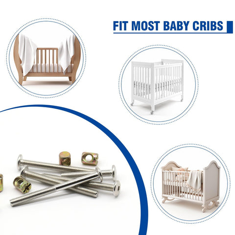 Crib Bunk Bed Hardware Replacement Kit Stainless Steel M6 Hex Socket Head Cap Screws and Barrel Nuts Assortment with 1 Wrench 61 Piece Furniture Fastener Set for Cribs and Home Repairs, with images of screws and various cribs