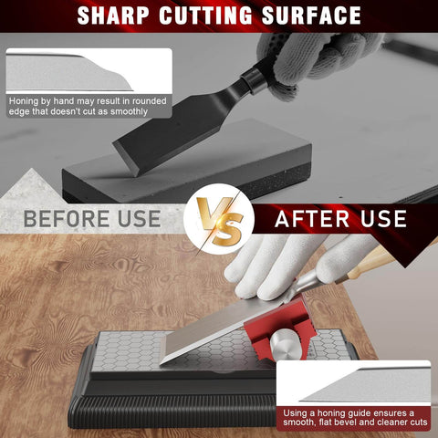 Before and after sharpening with All In One Honing Guide With Whetstone For Woodworking, Upgraded Centering Sharpening Jig