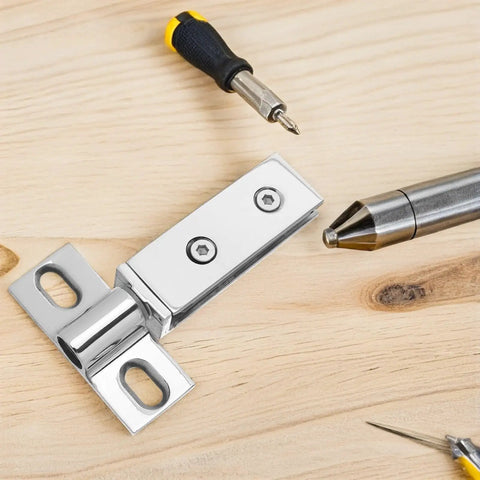Stainless Steel Pivot Shower Door Hinge Heavy Duty Double Hole Design 304 Stainless Polished Finish Smooth Rotation displayed on wood surface