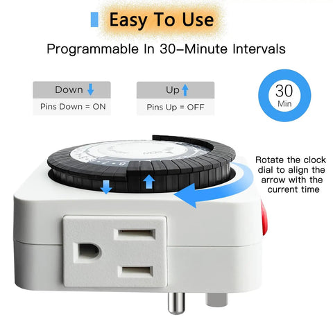 Smooth 24 Hour Dual Wall Outlet Timer Two Pack Indoor Plug In Clock Controller showing programmable dial for 30-minute intervals.