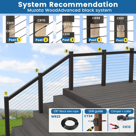 Invisible Cable Railing Kit Eighth Inch For Four To Eight Inch Wood Posts Deck And Stairs Stainless Steel T316 diagram