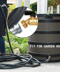 Brass Rain Barrel Spigot With 3/4 Inch Threaded Inlet 1/2 Inch Female NPT And 3/4 Inch Garden Hose Outlet installed on a rain barrel for outdoor watering.