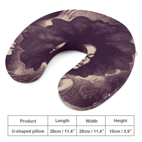 U Shaped Memory Foam Travel Neck Pillow For Black Women With Afro Textured Hair Super Cozy Support To Relieve Fatigue Portable Napping Pillow For Planes Trains And Cars Easy Clean Zip Cover All Day Comfort On The Go with afro design, 29cm by 11.4 inches.