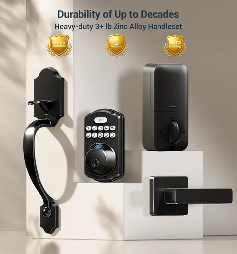 Fingerprint Deadbolt Lock With Handle Set In Black Delivering Keyless Entry Smart Security That Accepts Multiple Passwords Plus One Time Guest Codes For Hassle Free Family Living So You Can Finally Stop Hiding Spare Keys Under The Welcome Mat