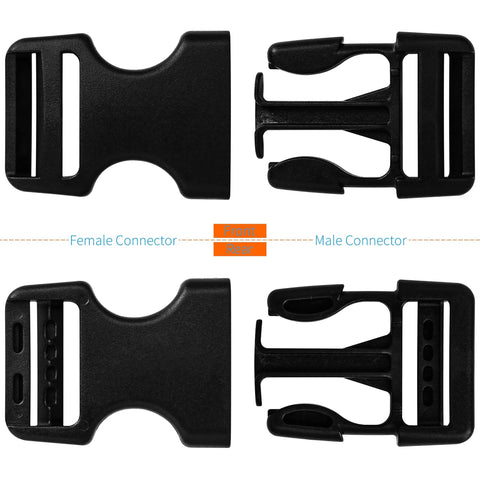 1 Inch Webbing Buckles With Quick Side Release, 10 Sets And 20 Tri-Glide Slides, front and back view of connectors
