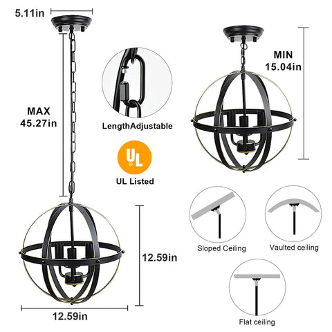 Totally Dope Vintage Farmhouse Globe Chandelier with Three Pendant Lights, 12.59in diameter, gold E12 base, chain adjustable to 45.27in.