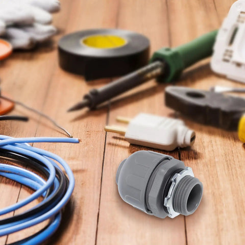 Heavy Duty Flexible Conduit Connectors NPT Three Quarter Inch PVC Pipe Couplers 5 Pack on a wooden surface with tools.