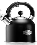 Old School Vintage Style Whistling Tea Kettle With Ergonomic Handle 3.17 Quart Premium Stainless Steel Teapot For All Stovetops Chic Black Classic Design Durable Paint Finish That Resists Fading