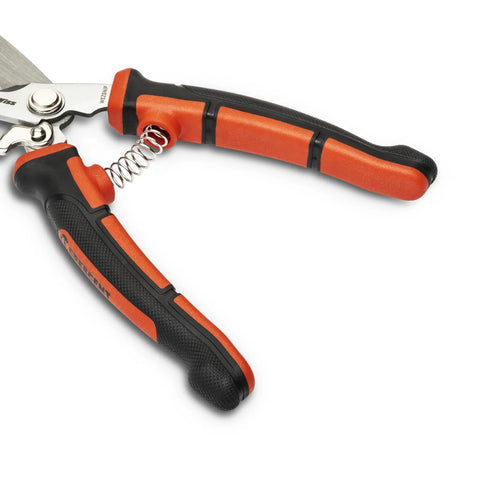Close-up of the grip and spring mechanism of the Eight And One Half Inch EZ Utility Snip For Home Improvement Repairs Garden And Shop Use Workhorse Heavy Duty Snips With Serrated Blade For Precise Cuts And A Comfortable Grip Built For Durable Electrician And DIY Projects.