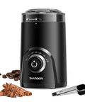 Electric Coffee Grinder With 70g Large Capacity And Visual Timing Knob For Precise Grind, including accessories and spices, black