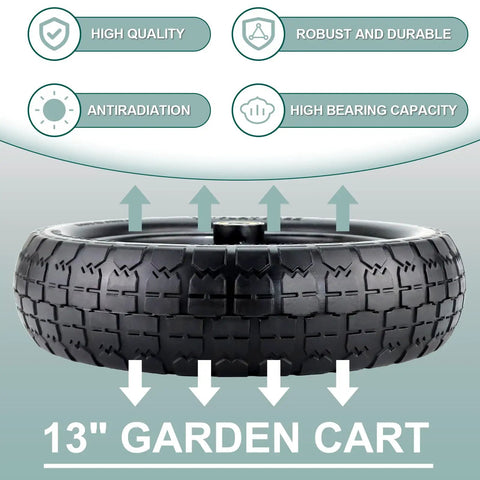 Beefed Up Heavy Duty 13 Inch Flat Free Wheel Replacement Set For Wheelbarrows Garden Carts And Trolleys 4 Pack shown in black