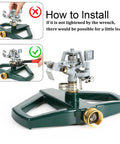 Heavy Duty Impact Pulsating Sprinkler For Yard All Metal Adjustable Rotating Impulse Lawn Sprinkler With Beefy Zinc Alloy Build Rust Proof Design For Medium To Large Lawns Covers Up To 5,800 Sq Ft, shown with installation instructions and metal base.