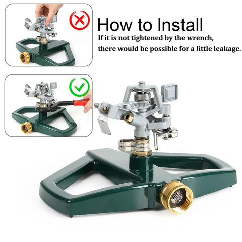 Heavy Duty Impact Pulsating Sprinkler For Yard All Metal Adjustable Rotating Impulse Lawn Sprinkler With Beefy Zinc Alloy Build Rust Proof Design For Medium To Large Lawns Covers Up To 5,800 Sq Ft, shown with installation instructions and metal base.