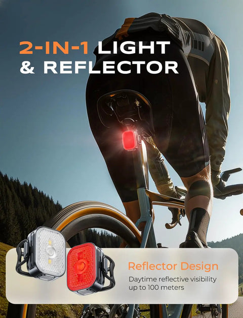 Ultra Slim Bike Lights With Reflectors For Night Riding, Front Headlight And Rear Tail Light, 8+6 Modes, IP65 Waterproof, Dual USB-C Fast Charge, 1-2 Hour Quick Charge, Stay Lit And Seen On Every Night Ride