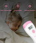 Non Touch Forehead Thermometer Digital 2 In 1 Infrared Thermometer For Adults Kids And Babies With Fever Alarm Instant Reading Medical Grade Accuracy With Backlit LCD For Easy Day And Night Readings, shown with child and display