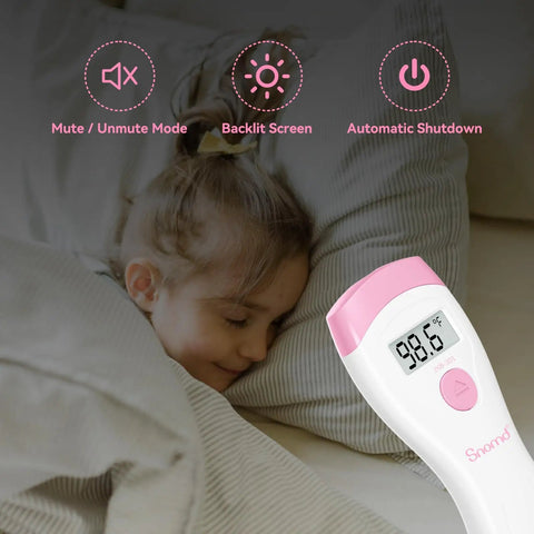 Non Touch Forehead Thermometer Digital 2 In 1 Infrared Thermometer For Adults Kids And Babies With Fever Alarm Instant Reading Medical Grade Accuracy With Backlit LCD For Easy Day And Night Readings, shown with child and display