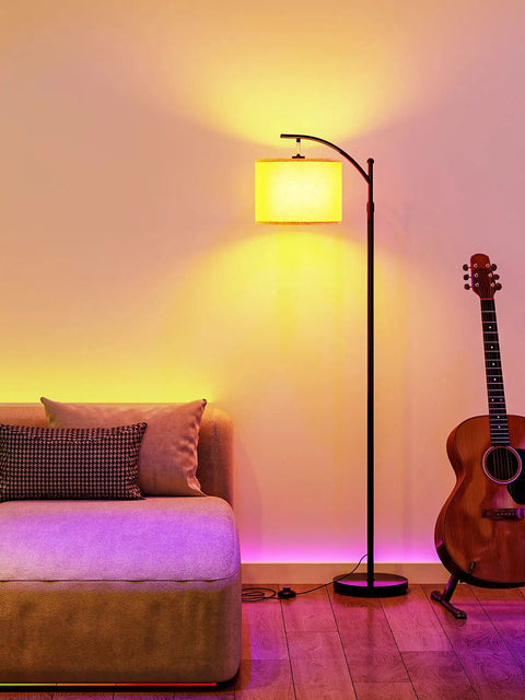 RGB Floor Lamp For Living Room With App Control, Adjustable Height From 60 To 73 Inches, Beige Linen Shade, Modern Standing Lamp
