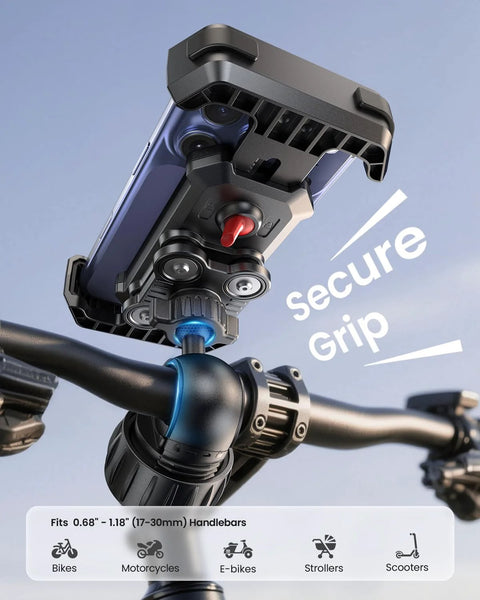 No Jiggle Anti Shake Motorcycle Phone Mount With 2026 Dual Vibration Dampener on bike handlebars, secure grip view