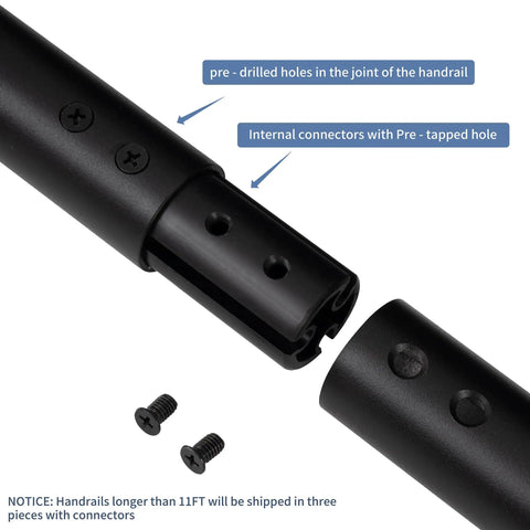 Detail of Heavy Duty Aluminum Handrail Set For Indoor Outdoor Stairs 16 Foot showing pre-drilled holes and connectors in matte black.