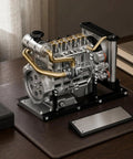 Engine Model Mechanical Assembly Kit For Classrooms And DIY Projects With Alloy Build And Visible Inner Components For Hands-On Teaching Desktop Display And Technical Reference. side view on base