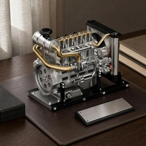 Engine Model Mechanical Assembly Kit For Classrooms And DIY Projects With Alloy Build And Visible Inner Components For Hands-On Teaching Desktop Display And Technical Reference. side view on base