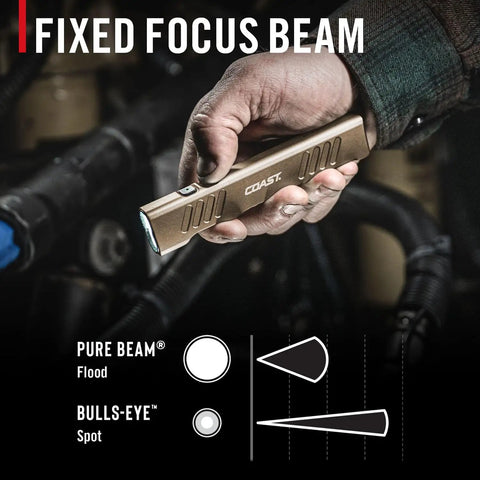 Hand holding Slayer 1150 Lumen USB C Rechargeable LED Flashlight with flat Dune finish, illustrating dual spot and flood beams.