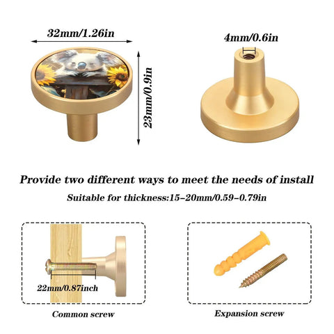 Four Pack Koala Gold Cabinet Knobs, Cute Round Pulls For Drawers, Cabinets, And Dressers, Scratch Resistant Gold Finish, installation options