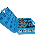 Open case of 28 Piece Master Press And Pull Sleeve Kit For Removing Bearings Bushings And Seals In Cars And Light Commercial Vehicles Heavy Duty 45 Carbon Steel Construction Universal Fit Essential Garage Tool Set For Pros And DIY showing contents.