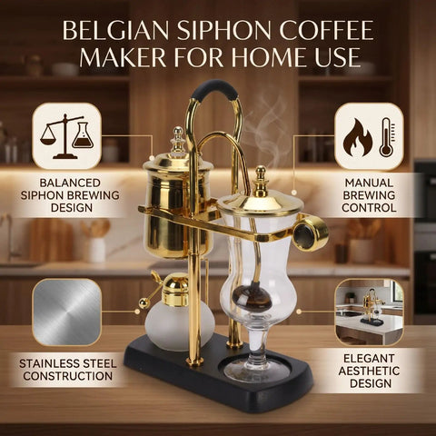 Artisan Manual Siphon Coffee Maker Featuring Sturdy Heatproof Glass Carafe for precise extraction flow and elegant design.