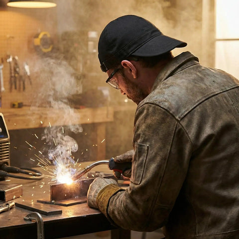 Man welding while wearing Reversible Welding Cap For Men And Women Flame Resistant Washable Cotton Welding Hat For Head Protection