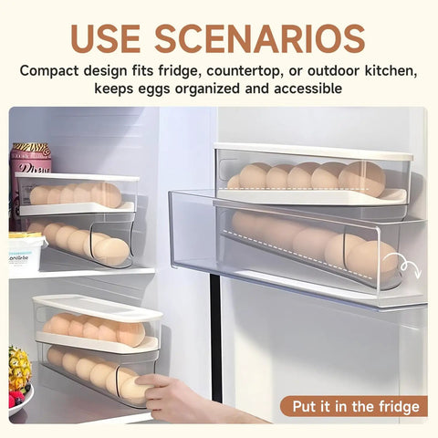 Auto Sliding Egg Organizer For Fridge 24 Egg Capacity in a refrigerator showing egg storage and easy refill design