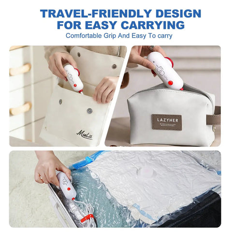12 Pack Travel Vacuum Storage Bags With USB Electric Pump For On The Go Packing, compact and portable USB pump shown in use.