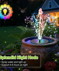 Solar Bird Bath Fountain With Colorful LED Lights And Adjustable Spray Heights, shown in garden setting at night with water spray.