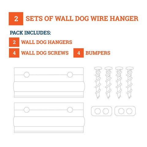 2 sets of Wall Dog Wire Hanger with 2 hangers, 4 screws, and 4 bumpers for secure wall mounting.