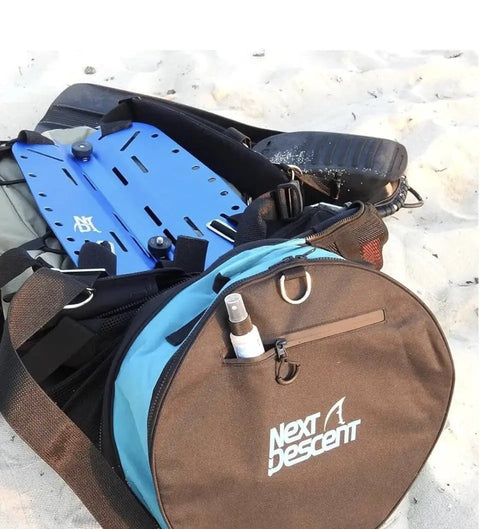 Ultra Large Mesh Duffel Bag For Scuba Diving Snorkeling Beach And Pool Gear, 32x16x16 Inches, on sand, with scuba equipment