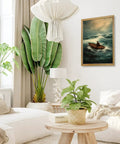 Framed Stormy Ocean Rowing Poster Canvas Print Art Vintage Contemporary Wall Decor in living room with plants and couch
