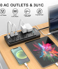 Workhorse Heavy Duty Surge Protector Power Strip With 6 Foot Extension Cord And 10 Outlets Plus 4 USB Ports And USB C Port, 2700 Joules, ETL Listed, Ideal For Home Office Dorm Essentials, Black on desk with devices connected