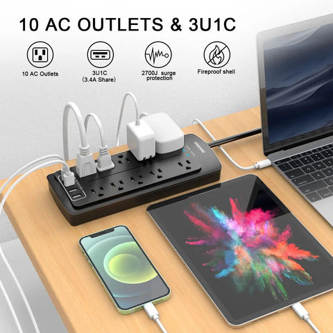 Workhorse Heavy Duty Surge Protector Power Strip With 6 Foot Extension Cord And 10 Outlets Plus 4 USB Ports And USB C Port, 2700 Joules, ETL Listed, Ideal For Home Office Dorm Essentials, Black on desk with devices connected
