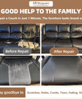 Top Shelf Leather And Vinyl Repair Kit Featuring Large Patches For Couches And Upholstery Sets, before and after repair on black leather couch.
