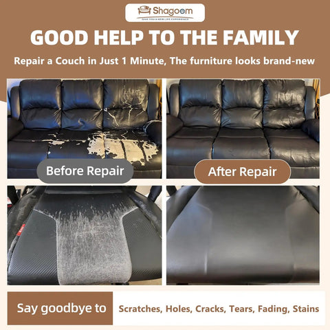 Top Shelf Leather And Vinyl Repair Kit Featuring Large Patches For Couches And Upholstery Sets, before and after repair on black leather couch.