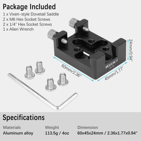 Telescope Dovetail Saddle Clamp Mount Base for Vixen Style Dovetail Plate with screws and Allen wrench, aluminum alloy.